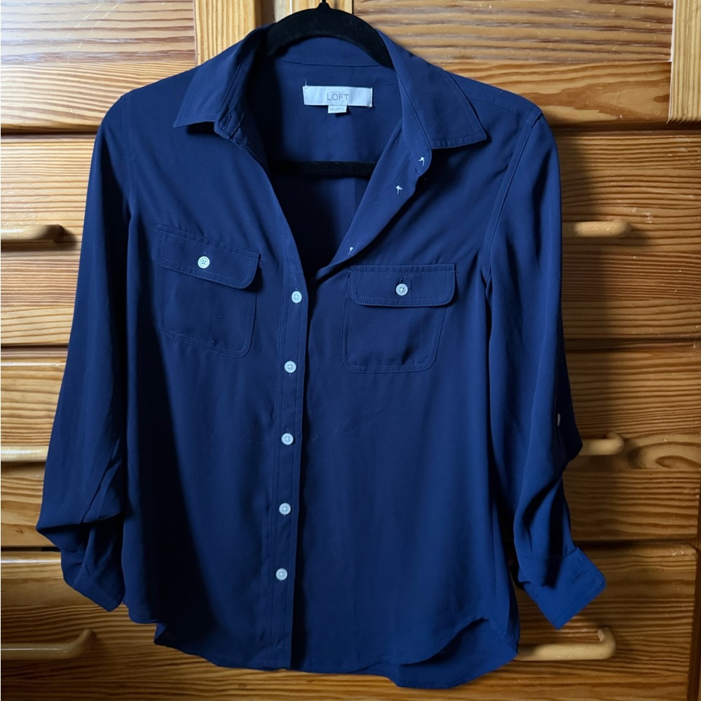 LOFT Navy Blue Button-Front Shirt with Chest Pockets